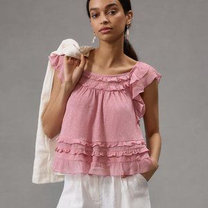 Brand New By Anthropologie Ruffled Flutter-Sleeve Top